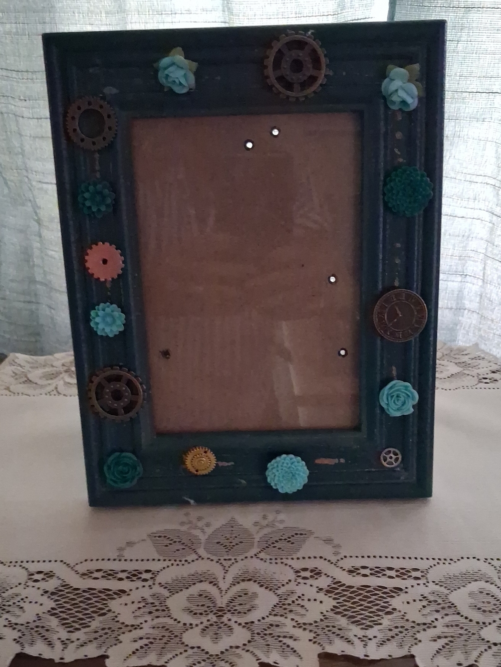 Decorative Teal Accent Picture Frame with Floral and Gear Embellishments